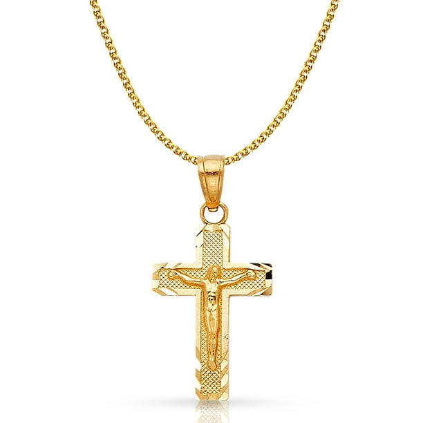 Details about  / 14K Yellow Gold Crucifix Charm Pendant with 1.5mm Flat Open Wheat Chain Necklace